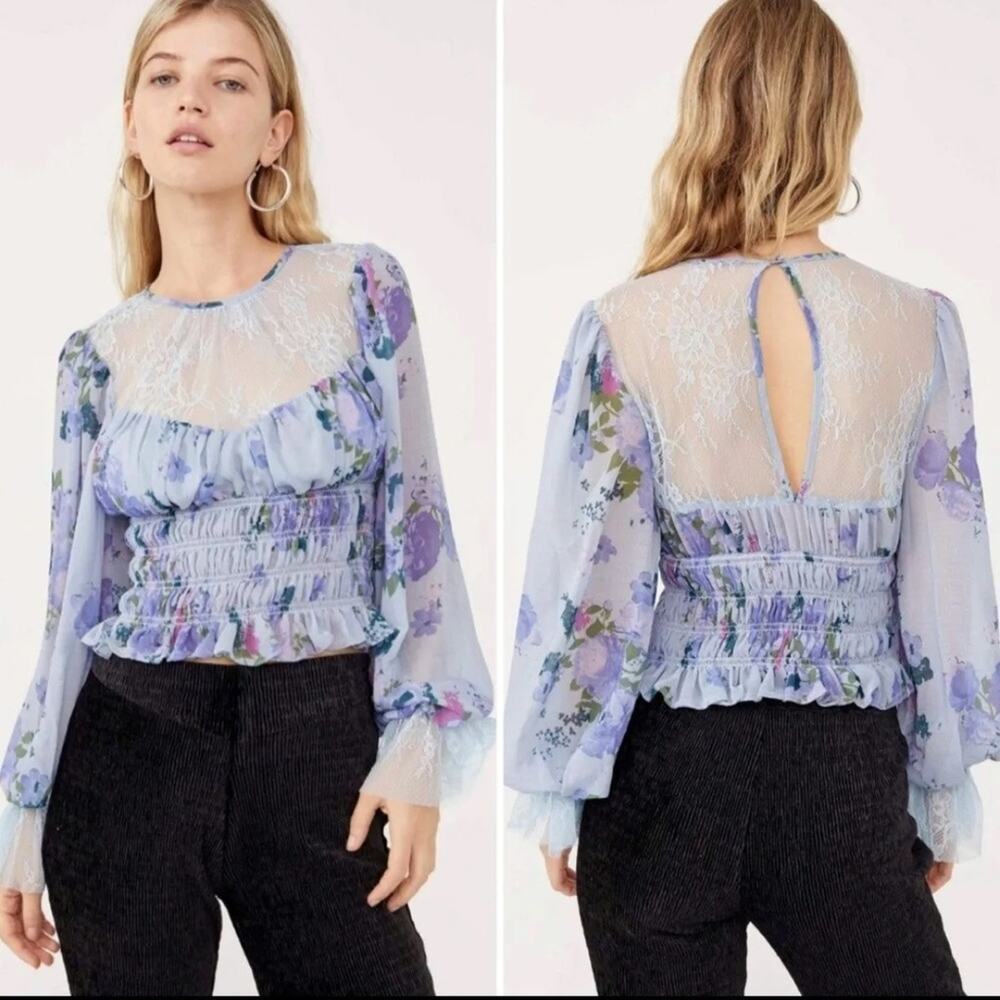 FREE PEOPLE Daphne Floral Smocked Lace Cropped Top Silver Blue Combo
